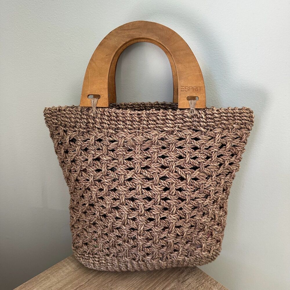 Vintage ESPRIT Woven Straw Bag Wood Top Handle Purse Cottagecore Boho Neutral